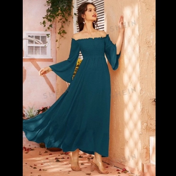 Medieval Renaissance SHEIN Mulvari Off Shoulder Shirred Bell Sleeve Dress SMALL - Picture 7 of 8